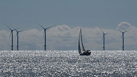 Wind turbines are pictured on the first French offshore wind farm off the coasts of La Turballe, western France on September 30, 2022.