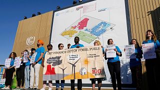 A group of demonstrators participate in an event protesting the use of fossil fuels at COP27.