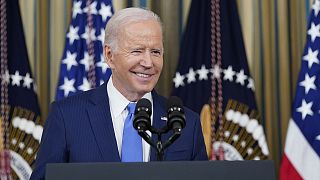 President Joe Biden arrives to speak in the State Dining Room of the White House in Washington, 9 November 2022