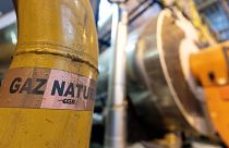 A sticker reads "natural gas" on a pipe at the French company R-CUA plant, in Strasbourg.