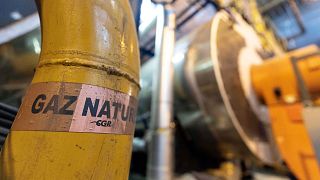 A sticker reads "natural gas" on a pipe at the French company R-CUA plant, in Strasbourg.