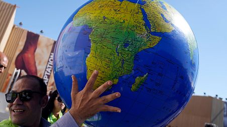 Demonstrators hold a globe during COP27.