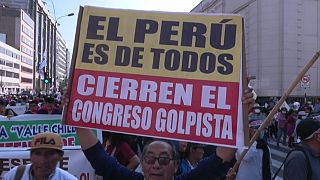 Un manifestante sostiene una pancarta a favor del presidente de Perú, Pedro Castillo.