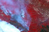 This false-colour satellite image of the Santa Lucia Range Mountains near Big Sur, California shows smoke vegetation and burned ground from a wildfire.