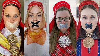 Montage of Sámi women protesting against lack of action on Finland's Sámi Parliament Act, November 2022