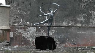 A Banksy mural in the town of Borodyanka, on the outskirts of Kyiv.