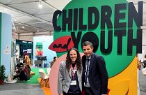 Hailey Campbell (left) and Mohab Sherif at the Children and Youth Pavilion.