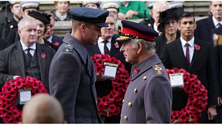 Britain's King Charles III and Prince William attend the Remembrance Sunday service at the Cenotaph, in Whitehall, London. Sunday Nov. 13, 2022.