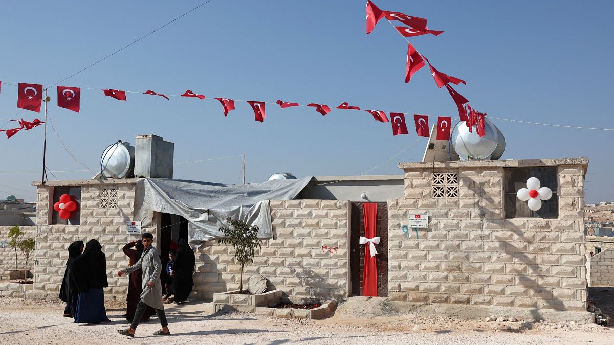 Turkish flags adorns the streets in Idlib's "Musiad" housing complex for displaced Syrians. Sunday Nov. 13, 2022