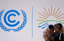 Attendees look at images that they shot at COP27.