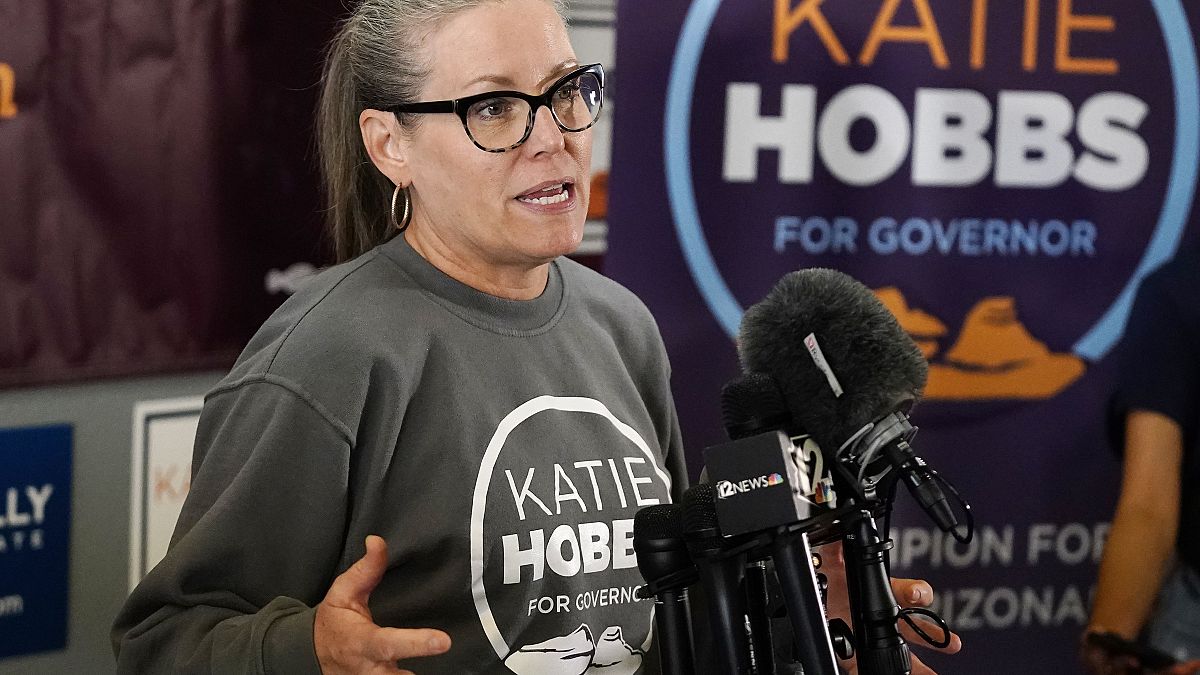 Katie Hobbs speaks to supporters at a campaign event in Peoria, Ariz., Nov. 7, 2022. Hobbs has won in her race for governor against Republican candidate Kari Lake.