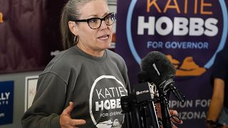 Katie Hobbs speaks to supporters at a campaign event in Peoria, Ariz., Nov. 7, 2022. Hobbs has won in her race for governor against Republican candidate Kari Lake.