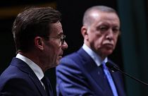 Turkish President Recep Tayyip Erdogan and Swedish Prime Minister Ulf Kristersson hold a press conference following their meeting at the Presidential Palace in Ankara.
