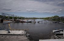 A view of a destroyed railway bridge over Siverskiy Donets river near Raigorodka, Donetsk region, eastern Ukraine, on April 30, 2022.