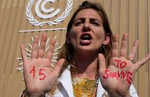 A demonstrator shows her hands reading "1.5 to survive" at a protest at COP27.