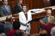Outgoing Speaker Nancy Pelosi addresses the House of Representatives at the Capitol in Washington. Thursday, 17 November 2022