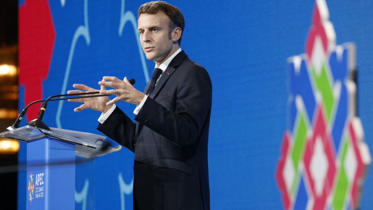 France's President Emmanuel Macron addresses the APEC CEO Summit during the Asia-Pacific Economic Cooperation (APEC) Summit in Bangkok on November 18, 2022.