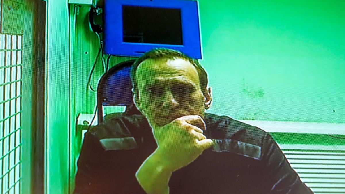Alexei Navalny is seen in a video link provided by the Russian Federal Penitentiary Service in a courtroom  in Moscow, Russia, Tuesday, Oct. 18, 2022.