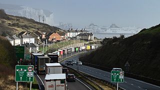 Lorries queue to embark on a ferry at the entrance of the Port of Dover, southeast England, on February 16, 2022. Britain's trade with the EU has been dented by Brexit.