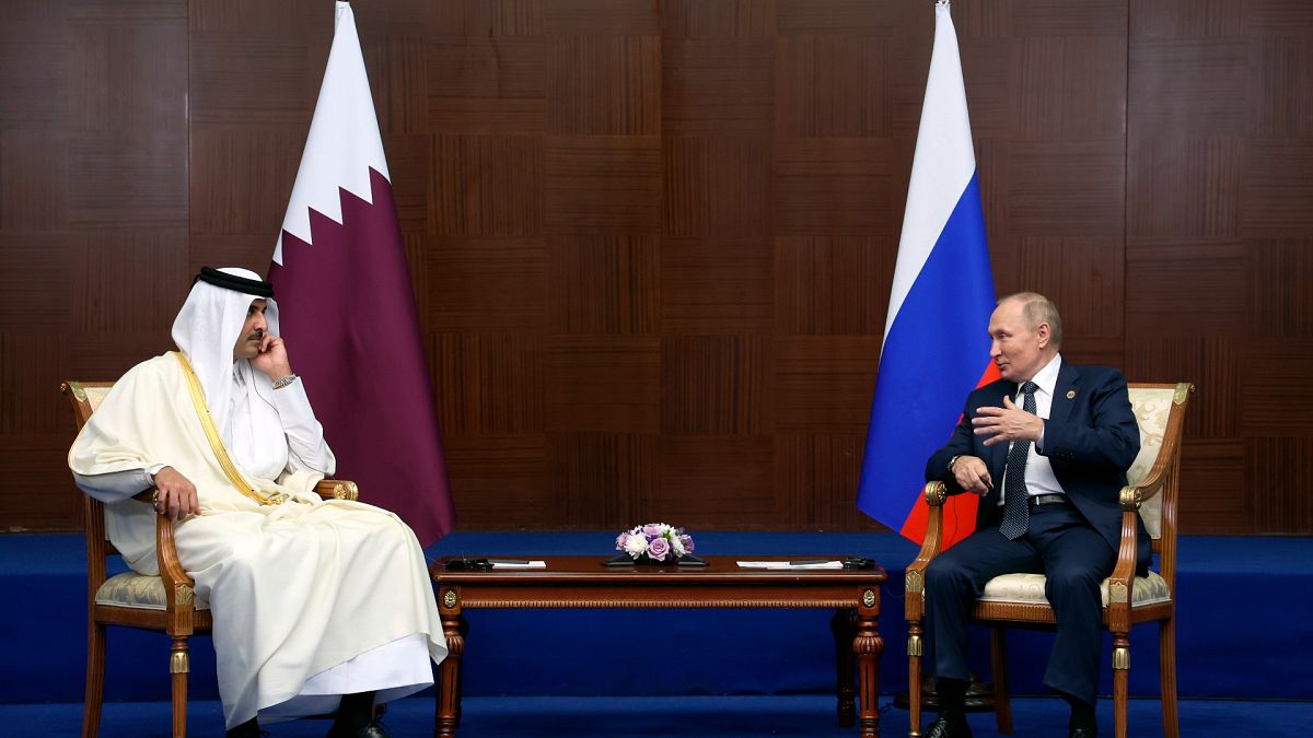 خلال لقاء بين بوتين وأمير قطر تميم بن حمد آل ثاني في موسكو 