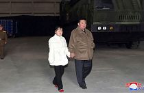 North Korean leader Kim Jong Un, right, and his daughter inspects a missile at Pyongyang International Airport in Pyongyang, North Korea, Friday, Nov. 18, 2022