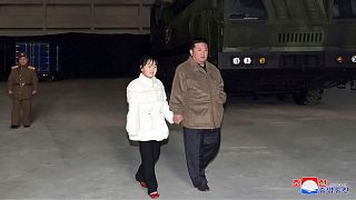 North Korean leader Kim Jong Un, right, and his daughter inspects a missile at Pyongyang International Airport in Pyongyang, North Korea, Friday, Nov. 18, 2022