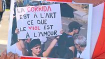 Manifestación de un grupo de activistas antitaurinos este sábado en Francia.