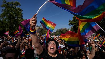 People celebrate during the annual Pride parade in Santiago, Chile. 