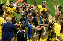 Ecuador's team players celebrate after Enner Valencia scored his side's second goal during the World Cup group A soccer match between Qatar and Ecuador at the Al Bayt Stadium