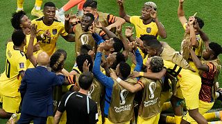 Ecuador's team players celebrate after Enner Valencia scored his side's second goal during the World Cup group A soccer match between Qatar and Ecuador at the Al Bayt Stadium 