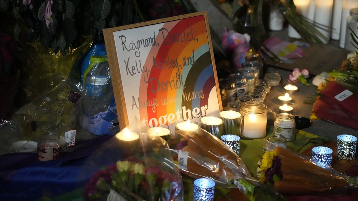 Candles stand near a sign with the names of victims of a weekend mass shooting during a vigil near the gay bar where the attack occurred. Monday, 21 November 2022,