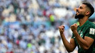 Saleh Al-Shehri celebrates Saudi Arabia's win over Argentina