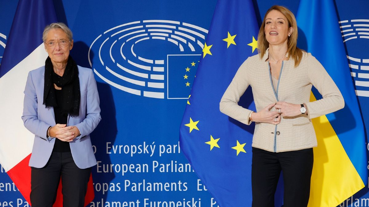 EU Parliament President Roberta Metsola, right, and French PM Elisabeth Borne before a ceremony to mark the EU Parliament's 70th anniversary, in Strasbourg, Nov. 22, 2022.