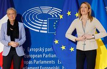EU Parliament President Roberta Metsola, right, and French PM Elisabeth Borne before a ceremony to mark the EU Parliament's 70th anniversary, in Strasbourg, Nov. 22, 2022.