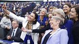 Members of the European Parliament make a selfie with French Prime Minister Elisabeth Borne during a ceremony marking the 70th anniversary