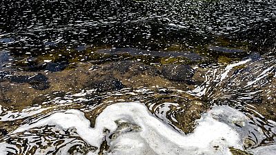 PFAS foam gathers at the the Van Etten Creek dam in Oscoda Township, Mich., near Wurtsmith Air Force Base, US. 