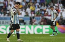 Argentina's Lionel Messi reacts during the World Cup group C football match between Argentina and Saudi Arabia. Tuesday, 22 November 2022.