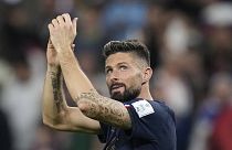 France's Olivier Giroud celebrates the win against Australia after the end of the World Cup group D football match between France and Australia. Tuesday, 22 November 2022.