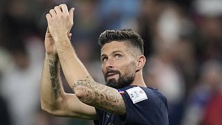 France's Olivier Giroud celebrates the win against Australia after the end of the World Cup group D football match between France and Australia. Tuesday, 22 November 2022.