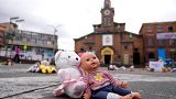 Toys were placed in Plaza 20 de Julio by people protesting violence against children in Bogota, Colombia.