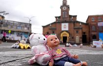 Toys were placed in Plaza 20 de Julio by people protesting violence against children in Bogota, Colombia.
