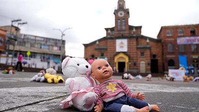 Toys were placed in Plaza 20 de Julio by people protesting violence against children in Bogota, Colombia.