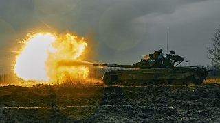The Ukrainian army fires a captured Russian T-80 tank in Donetsk region.