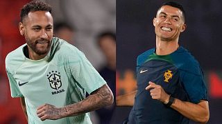 Montage photo : Neymar et Ronaldo, lors de leur entrainement respectif le 23 novembre au Qatar, à Doha pour le Brésilien et à  Al-Shahaniya pour le Portugais