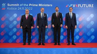 Prime Ministers Viktor Orban of Hungary, Petr Fiala of the Czech Republic, Eduard Heger of Slovakia and Mateusz Morawiecki of Poland, V4 Summit Kosice 24 November 2022