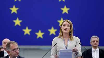 European Parliament President Roberta Metsola speaking during a plenary session in Strasbourg.