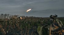 Ukrainian military fires rockets at Russian positions on the frontline near Bakhmut, Donetsk region.