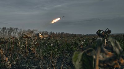 Ukrainian military fires rockets at Russian positions on the frontline near Bakhmut, Donetsk region.