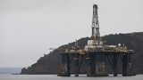  drilling rig is parked up in the Cromarty Firth near Nigg, Scotland.
