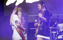 Hester Chambers, left, and Rhian Teasdale of Wet Leg performs on day two of the Lollapalooza Music Festival on Friday, July 29, 2022